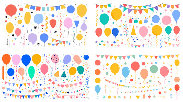 A cheerful illustration set of party bunting borders with balloons confetti and festive decorations perfect for celebrations and events.