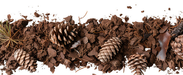 A layer of soil mixed with pine needles and pine cones. The ground texture is cut out and displayed on a clear background. Various natural elements are visible