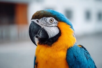 Colorful parrot poses for a close-up in the city
