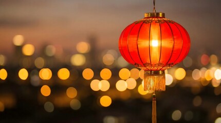 Traditional Red Lantern Illuminated Against a Blurred City Background for Lunar New Year
