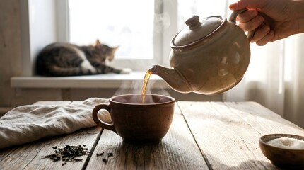 Cozy Tea Time: Pouring Tea into a Cup with a Cat Relaxing by the Window