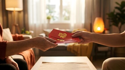 Exchanging Red Envelopes During Lunar New Year Celebration