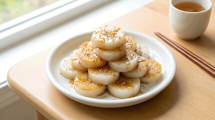 Deliciously Stacked Rice Cakes with Sesame on a Plate for Lunar New Year Celebration