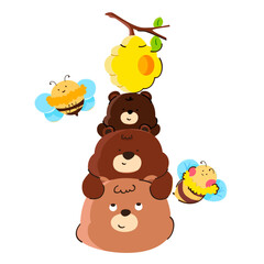 Three adorable baby bears, a beehive, and cute baby bees.
