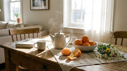 Cozy Breakfast Scene with Tea, Oranges, and Flowers in Sunlit Room