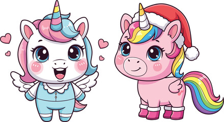 Cute cartoon unicorn characters with wings and Christmas hat in colorful pastel style surrounded by hearts in fantasy illustration © Sumon Creative