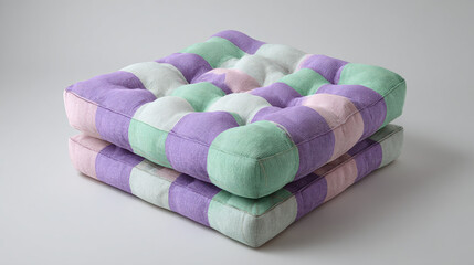 Naklejka premium Two colorful floor cushions are stacked atop one another, offering comfort and style. The cushions feature a patchwork design