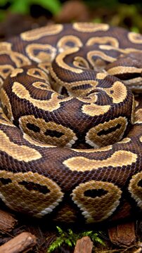 Ball Python Coiled on Forest Floor, Close Up