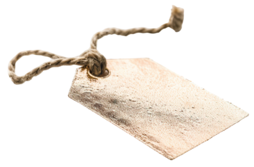 This sale tag displays a metallic foil effect and hangs from a simple rope. The background is transparent, making it ideal for showcasing promotions and sales