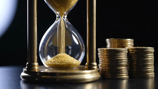 An ornate glass hourglass with golden sand beside a stack of coins on a dark surface reflecting dim!