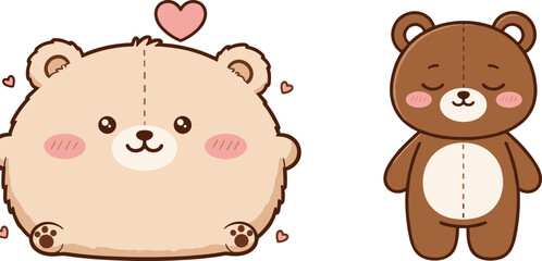 Cute chubby bear and standing teddy bear with hearts in adorable kawaii style cartoon vector illustration for kids