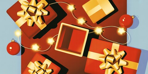 Holiday joy shines as red gift boxes and star lights adorn a colorful scene