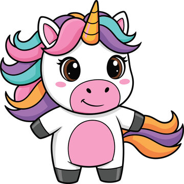 Cute colorful unicorn character with vibrant rainbow mane standing happily in adorable kawaii style vector illustration
