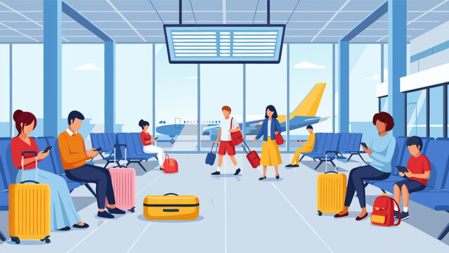 People waiting in a modern airport terminal lounge with luggage, looking at phones, and an airplane visible outside the large windows.