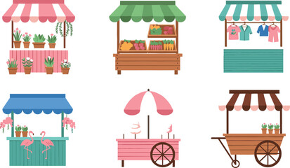 Charming Set of Flat Design Vector Illustrations Featuring Cute Pink and Green Outdoor Market Kiosks and Food Carts Selling Goods and Flowers