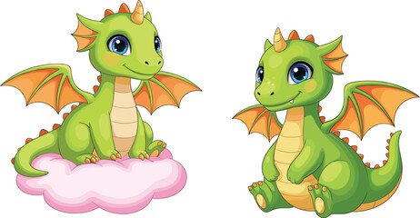Cute green baby dragons with wings sitting on cloud, adorable cartoon fantasy creatures perfect for kids artwork, stickers, and designs
