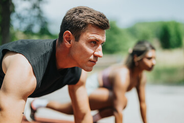 Two individuals are getting ready to start an athletic workout outdoors in sunny weather. Both appear focused and determined, highlighting the teamwork, fitness, and dedication to training goals.