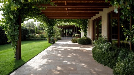 Naklejka premium A sun-dappled patio, shaded by a wooden pergola draped in lush green vines, leads to a serene outdoor space