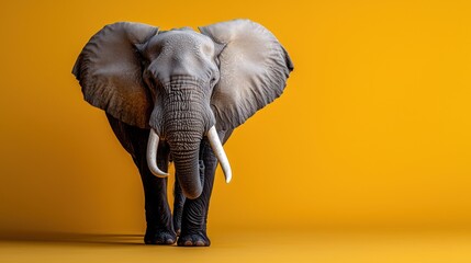 A majestic elephant stands facing the camera against a vibrant yellow backdrop, showcasing its impressive size and features