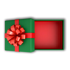 Open green gift box with red ribbon and bow isolated on transparent background