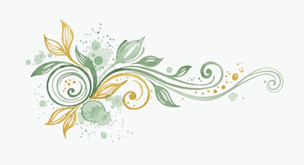 Elegant Watercolor Illustration of Swirling Golden Floral Border Element with Green Leaves and Ornate Design