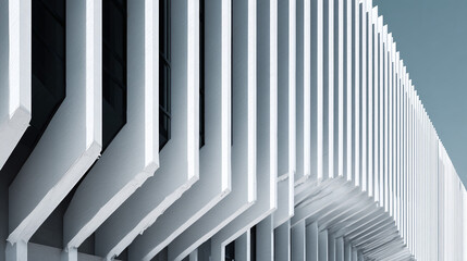Fototapeta premium A modern architecture's exterior featuring a clean, minimalist design with a sequence of vertical beams. The facade creates a sense of depth and geometric patterns. 