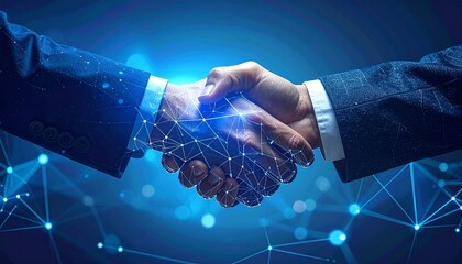 Global business partnership handshake with futuristic digital network connection background, symbolizing technology agreement.
