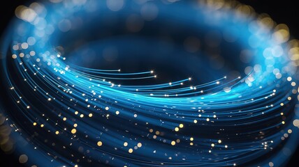 Blue fiber optic cables swirl beautifully, illuminating golden light points in a captivating digital display