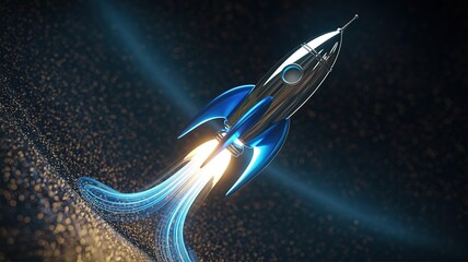 Polished chrome rocket with blue fins soars through space with streams of blue light