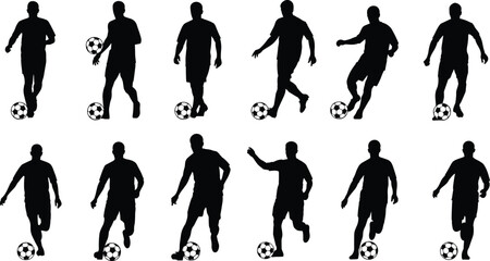 Collection of soccer player silhouettes performing football skills and dribbling poses, dynamic sports vector illustration for athletic design, training posters, team graphics, and game concepts