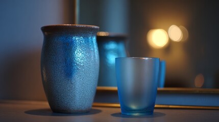 Blue ceramic vase and frosted glass tumbler on table with mirror reflections and warm bokeh lights, moody interior still life. AI generative