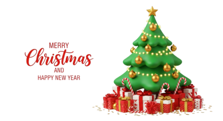 Christmas tree with presents and Merry Christmas text isolated on a transparent background