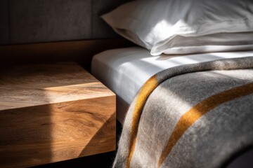 Sunlit bedroom close-up with wooden nightstand, white bedding and striped gray blanket casting window shadows. AI generative