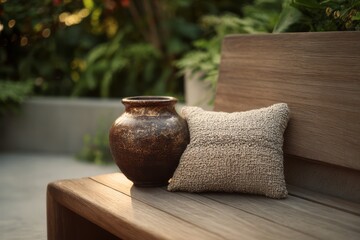 Sunlit wooden garden bench with ceramic vase and textured cushion, cozy outdoor patio scene with bokeh greenery. AI generative