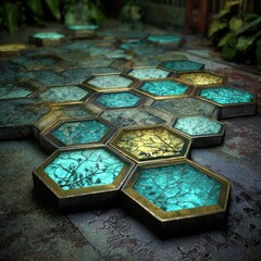 Glowing hexagonal glass tile pathway with turquoise and gold honeycomb mosaic on wet stone surface, futuristic outdoor design. AI generative