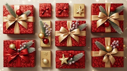 Christmas Gift Boxes with Ribbons and Decorations &ndash; Festive Holiday Flat Lay Background