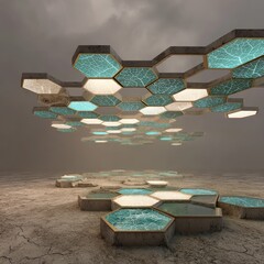 Floating hexagonal honeycomb light installation above cracked desert ground in misty futuristic landscape. AI generative
