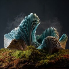 Abstract folded paper mushroom sculptures growing on green moss with misty atmosphere in dark studio lighting. AI generative