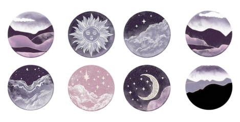 Serene circular dreamlike landscapes transparent image set. Crescent moon. Sun face. Starry night isolated cutouts. Spiritual stickers cut outs cliparts design elements png collection