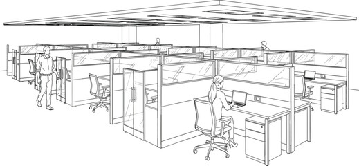 Obraz premium Detailed Black and White Line Art Vector of a Corporate Office Floor with Cubicles, Desks, and Working Employees for Business Workspace Design