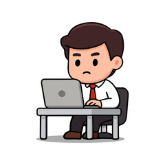Cute office worker cartoon character working on laptop at desk. Businessman with red tie focused on computer.