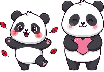 Cute panda characters playing with falling leaves and holding a heart in adorable kawaii style cartoon vector illustration