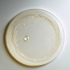 Top view of clear liquid with air bubbles in round petri dish on white background, minimalist abstract texture. AI generative