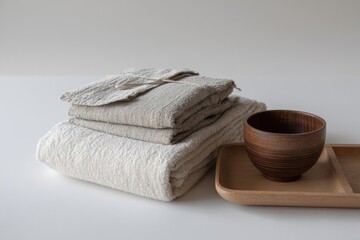 Folded linen towels stacked beside wooden bowl on tray on white table, minimalist spa still life in soft daylight. AI generative