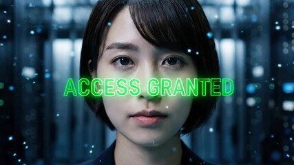 Asian woman face scanning with AI biometric wireframe mesh and Access Granted text in server room for cyber security concepts - Powered by Adobe