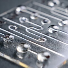 Macro close-up of microfluidic chip with water droplets on transparent acrylic plate, abstract laboratory technology background. AI generative