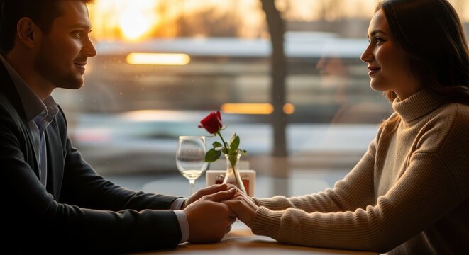 Young couple holding hands across the table during a romantic date at sunset. - Powered by Adobe
