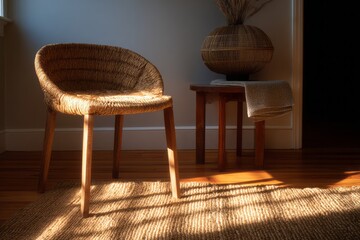 Sunlit rattan chair and side table with woven vase and blanket on jute rug in minimalist room interior. AI generative