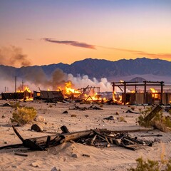 Desert wasteland ablaze at sunset.  Flames consume abandoned structures.  Smoke billows against mountains