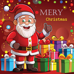 Santa claus giving thumbs up surrounded by christmas gifts, A cheerful Santa Claus in his traditional red suit gives a thumbs up, surrounded by brightly wrapped Christmas presents and festive lights.